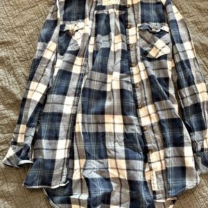 Women's Tunic Length Cotton Midweight Flannel Shirt Navy/Blue